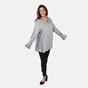 Tamsy Light Gray V-Neck Collar Long Sleeve Top - 1X