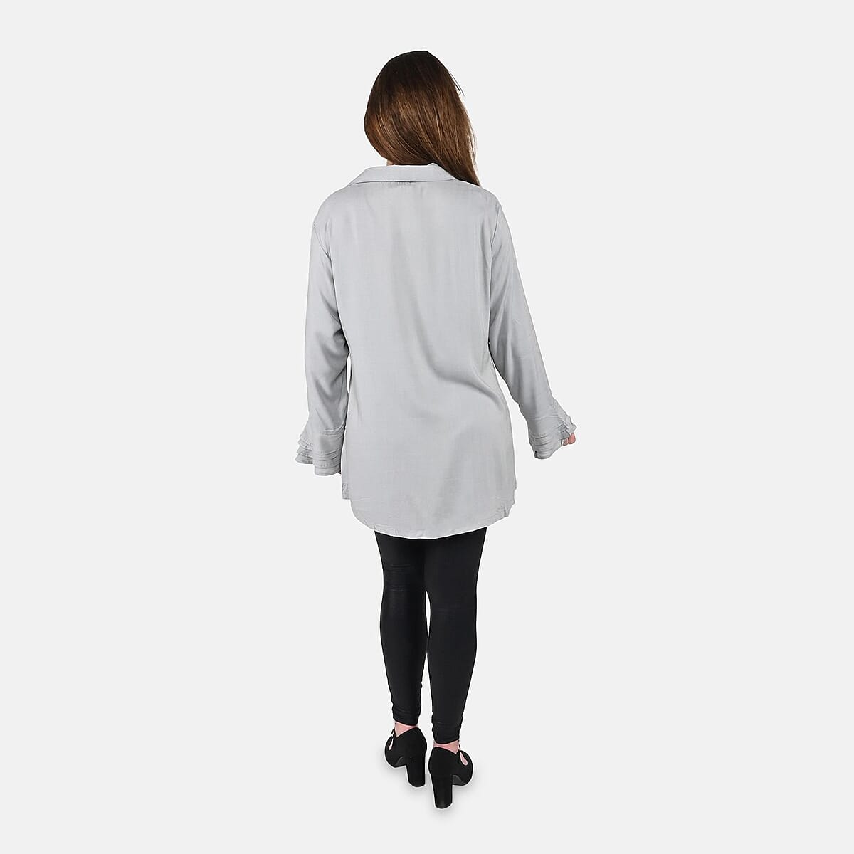 Tamsy Light Gray V-Neck Collar Long Sleeve Top - 1X image number 1
