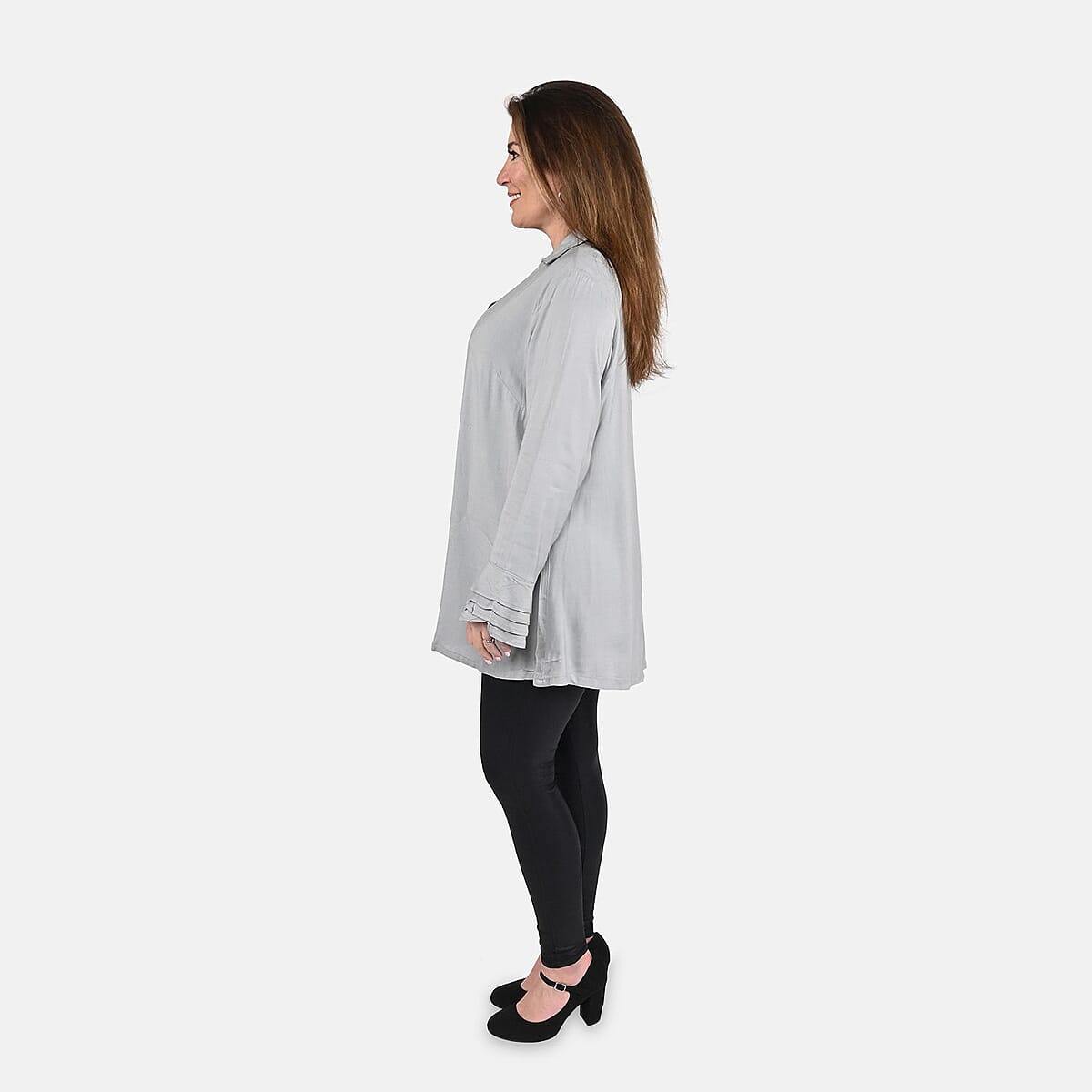 Tamsy Light Gray V-Neck Collar Long Sleeve Top - 1X image number 2