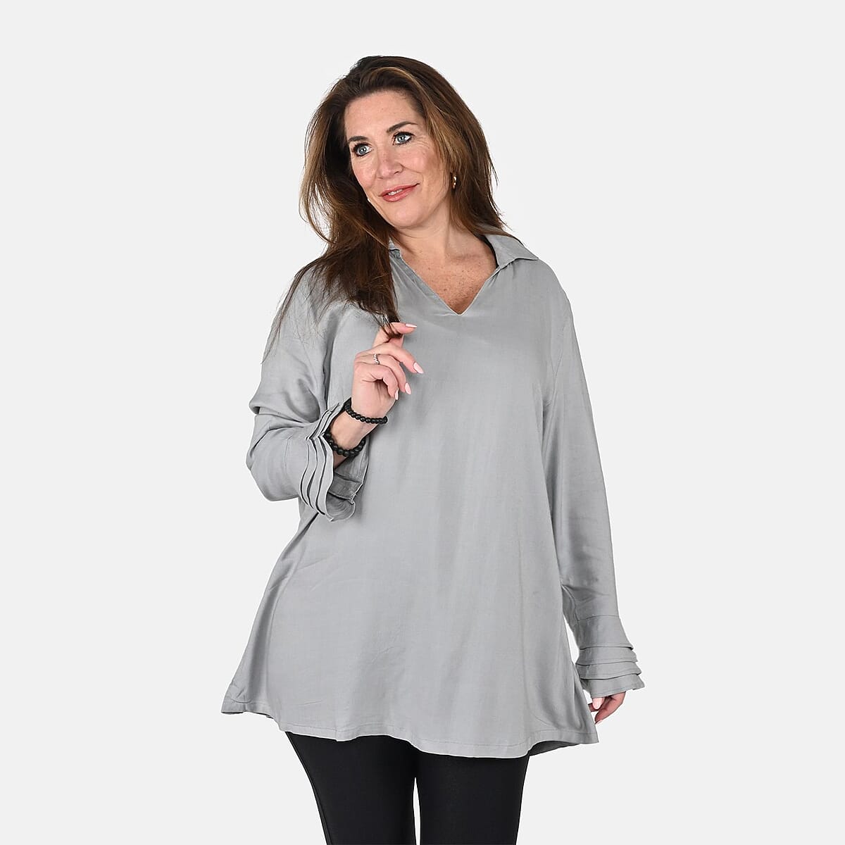 Tamsy Light Gray V-Neck Collar Long Sleeve Top - 1X image number 3