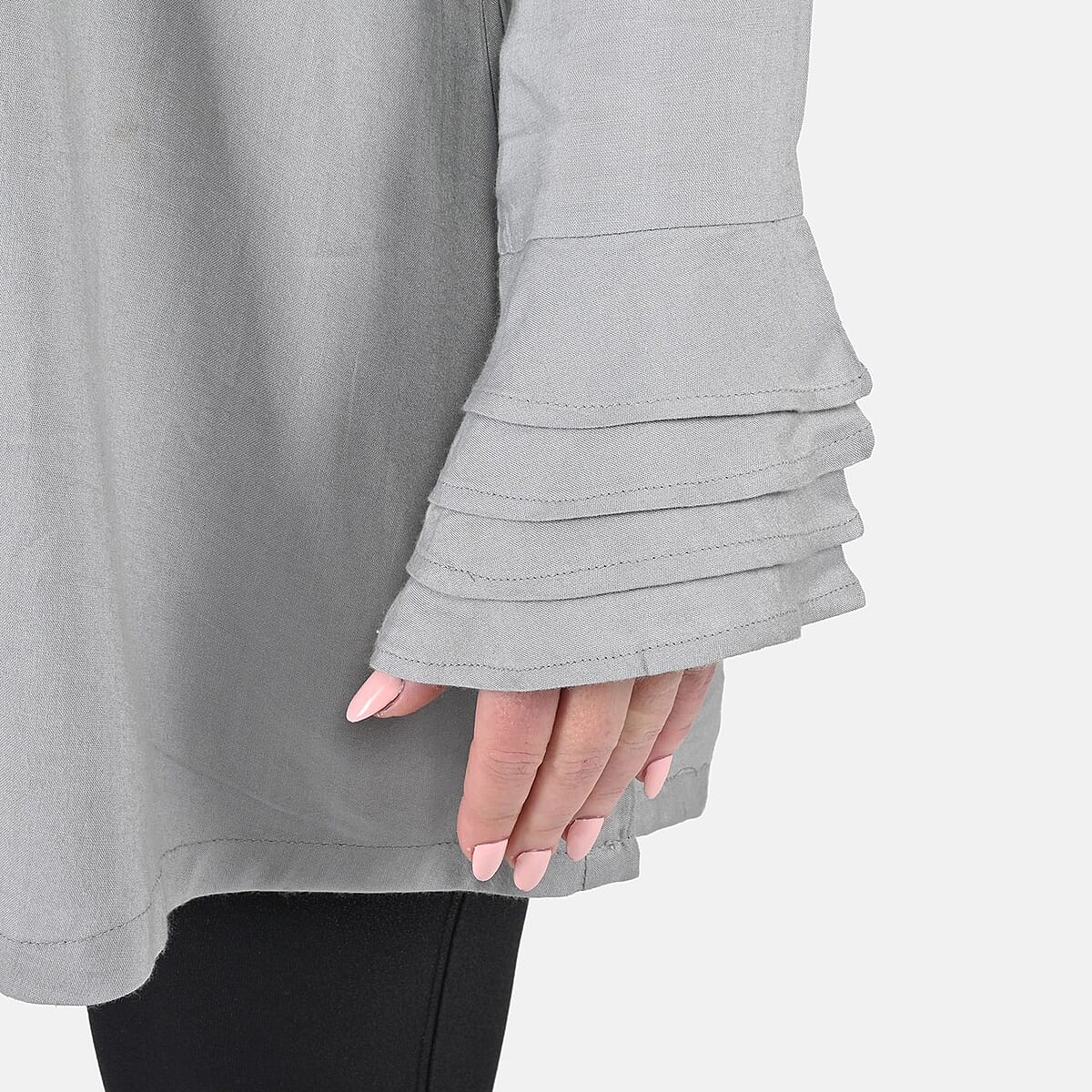 Tamsy Light Gray V-Neck Collar Long Sleeve Top - 1X image number 5