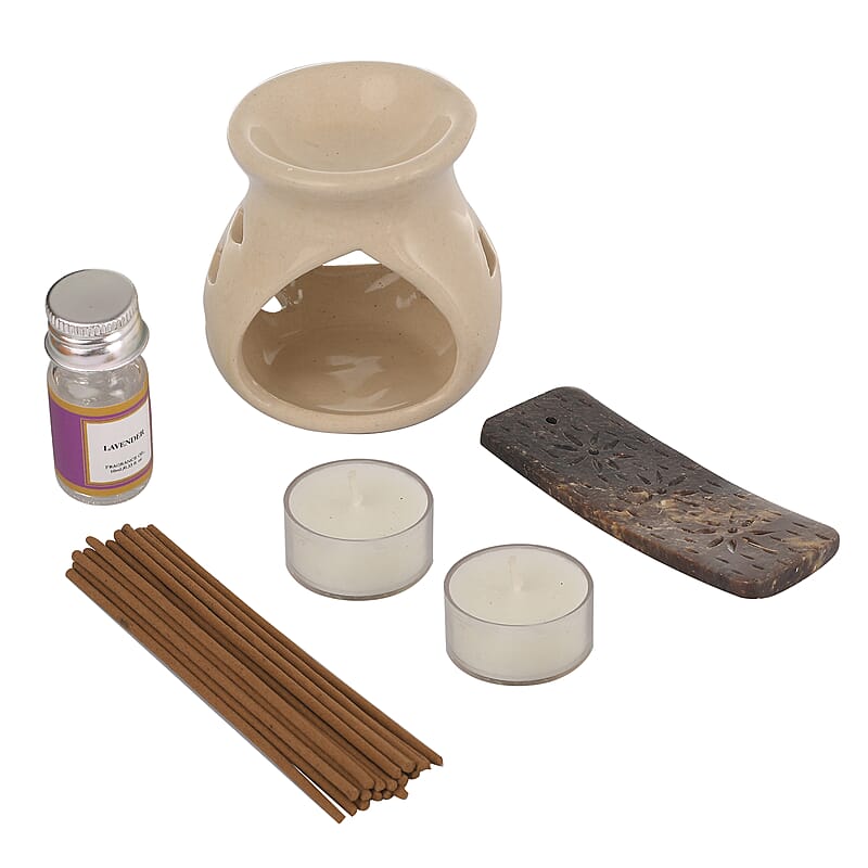 Fragrance Gift Set Box - Aroma Lamp, 2pc Tea Light, Lavender Fragrance Oil, Incense Sticks and holder