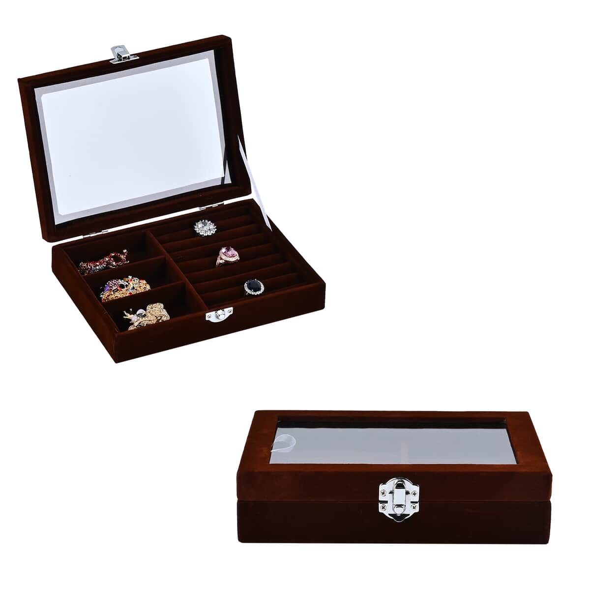 Brown Velvet Jewelry Box with Anti Tarnish Lining & Lock (Rings Hold Up to 28, Brooch, Pendant, Earrings) image number 0