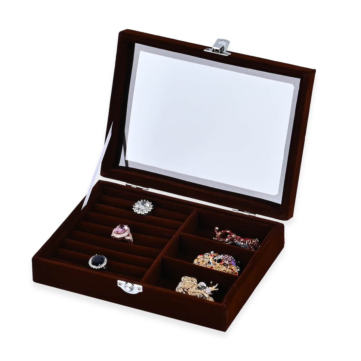 Brown Velvet Jewelry Box with Anti Tarnish Lining & Lock (Rings Hold Up to 28, Brooch, Pendant, Earrings) image number 2