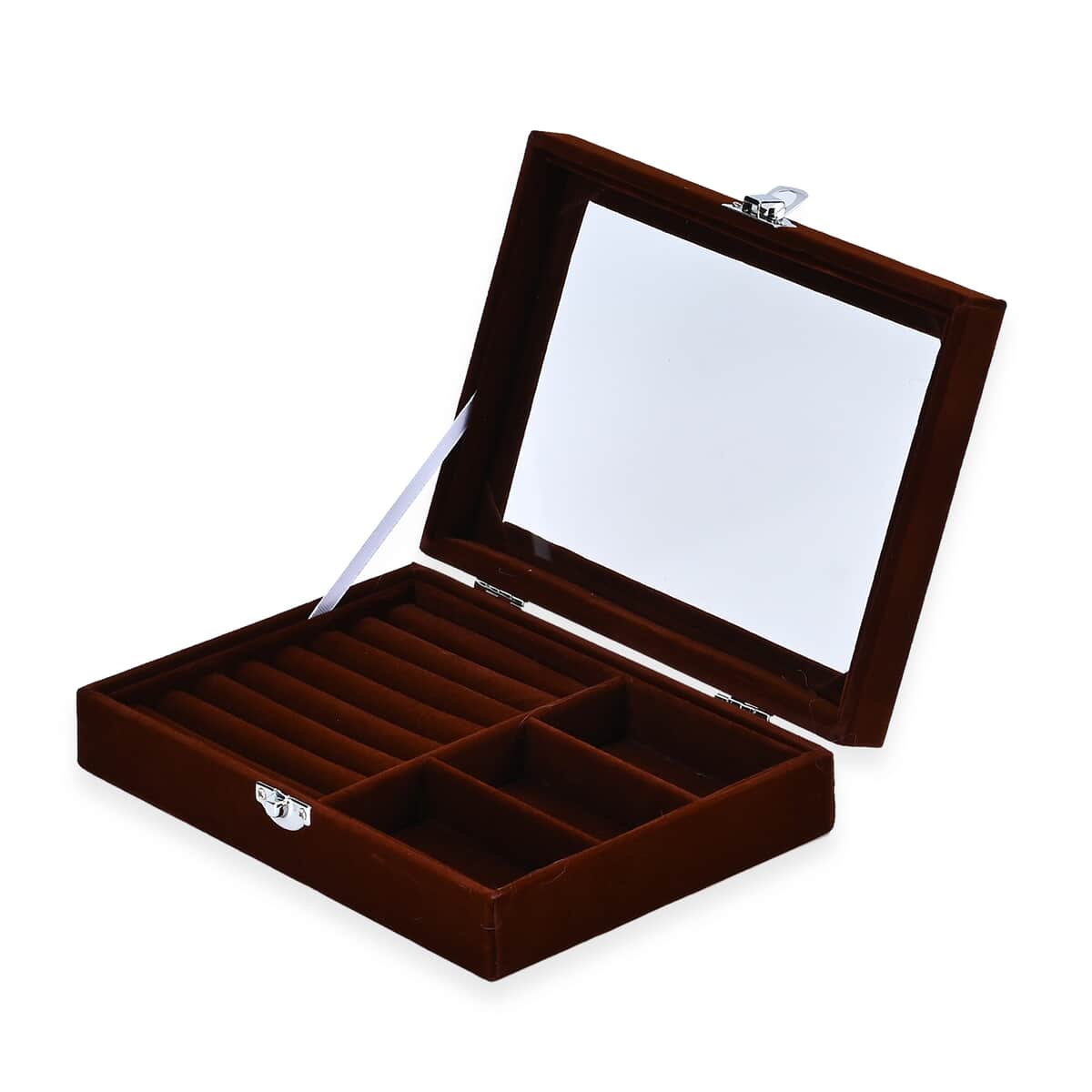 Brown Velvet Jewelry Box with Anti Tarnish Lining & Lock (Rings Hold Up to 28, Brooch, Pendant, Earrings) image number 5