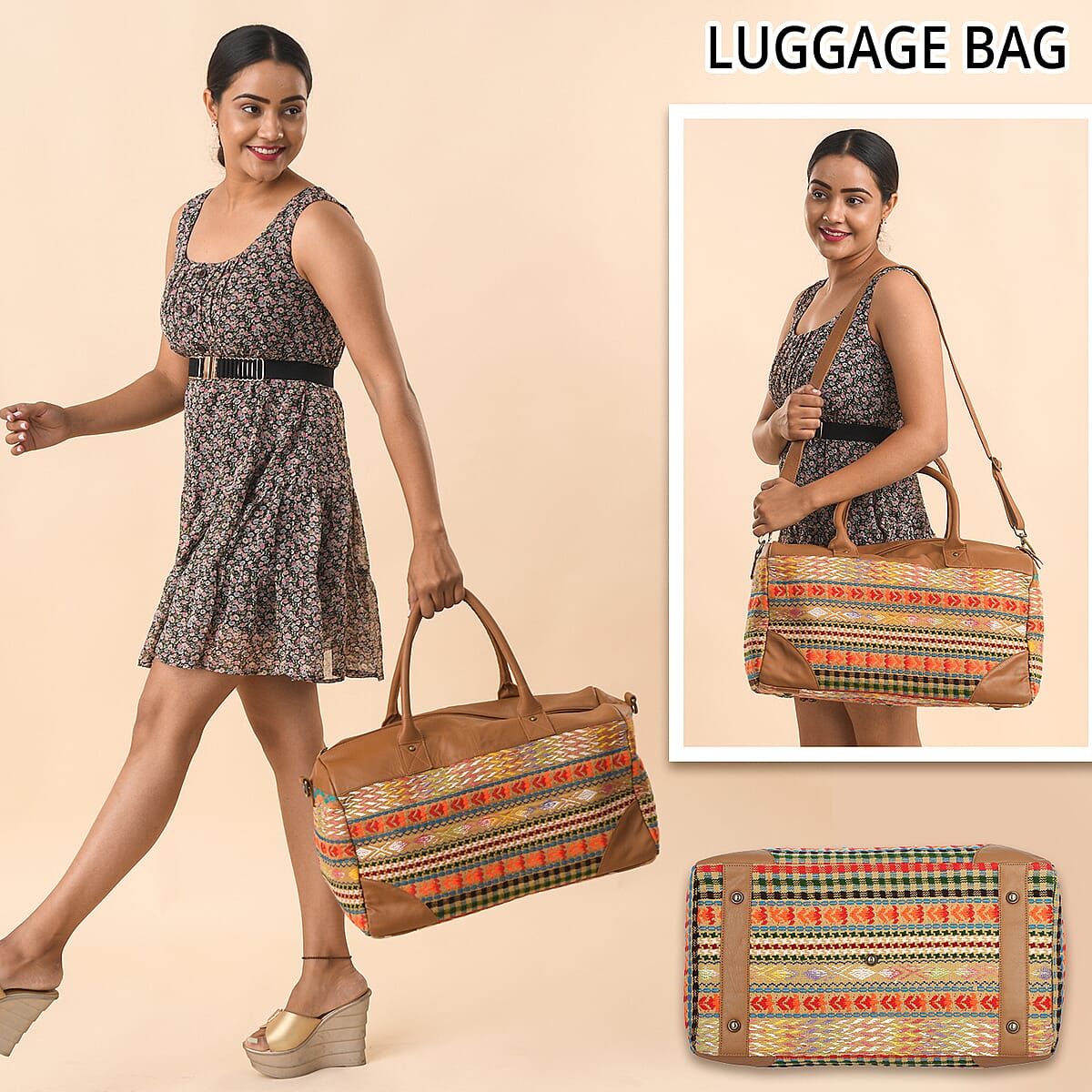 SANTA FE Style Black Genuine Leather Jacquard Luggage Bag (18" x 9.5" x 9") image number 1