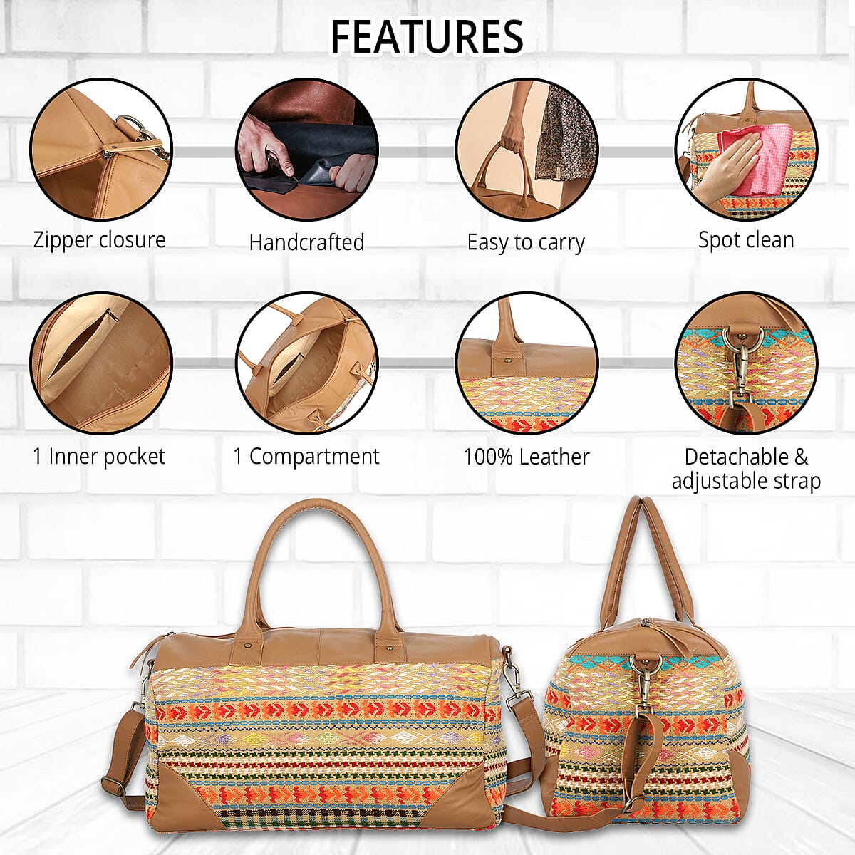 SANTA FE Style Black Genuine Leather Jacquard Luggage Bag (18" x 9.5" x 9") image number 2