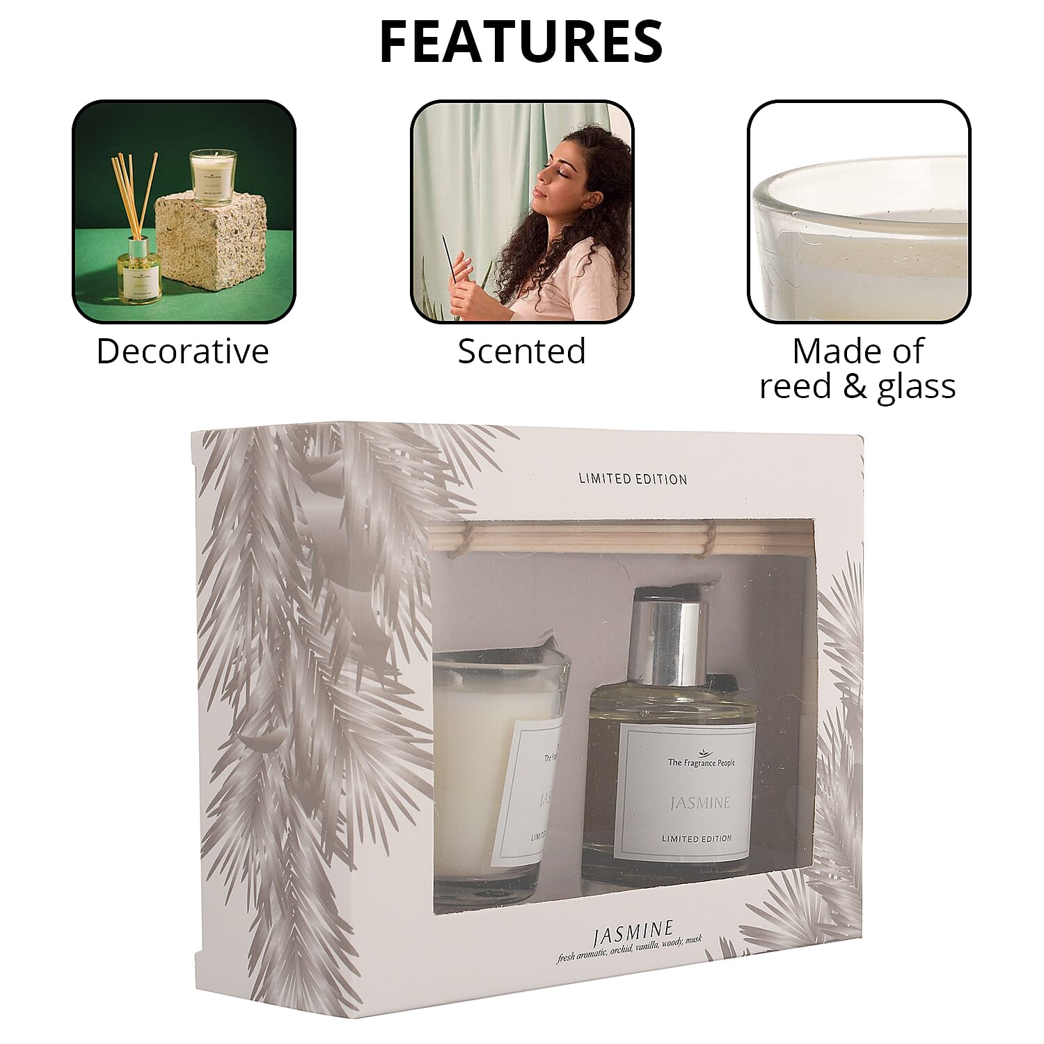 Jasmine- FRAGRANCE GIFT SET BOX - 50 ml Diffuser Oil, 5 Reeds and 1 Votive Candle