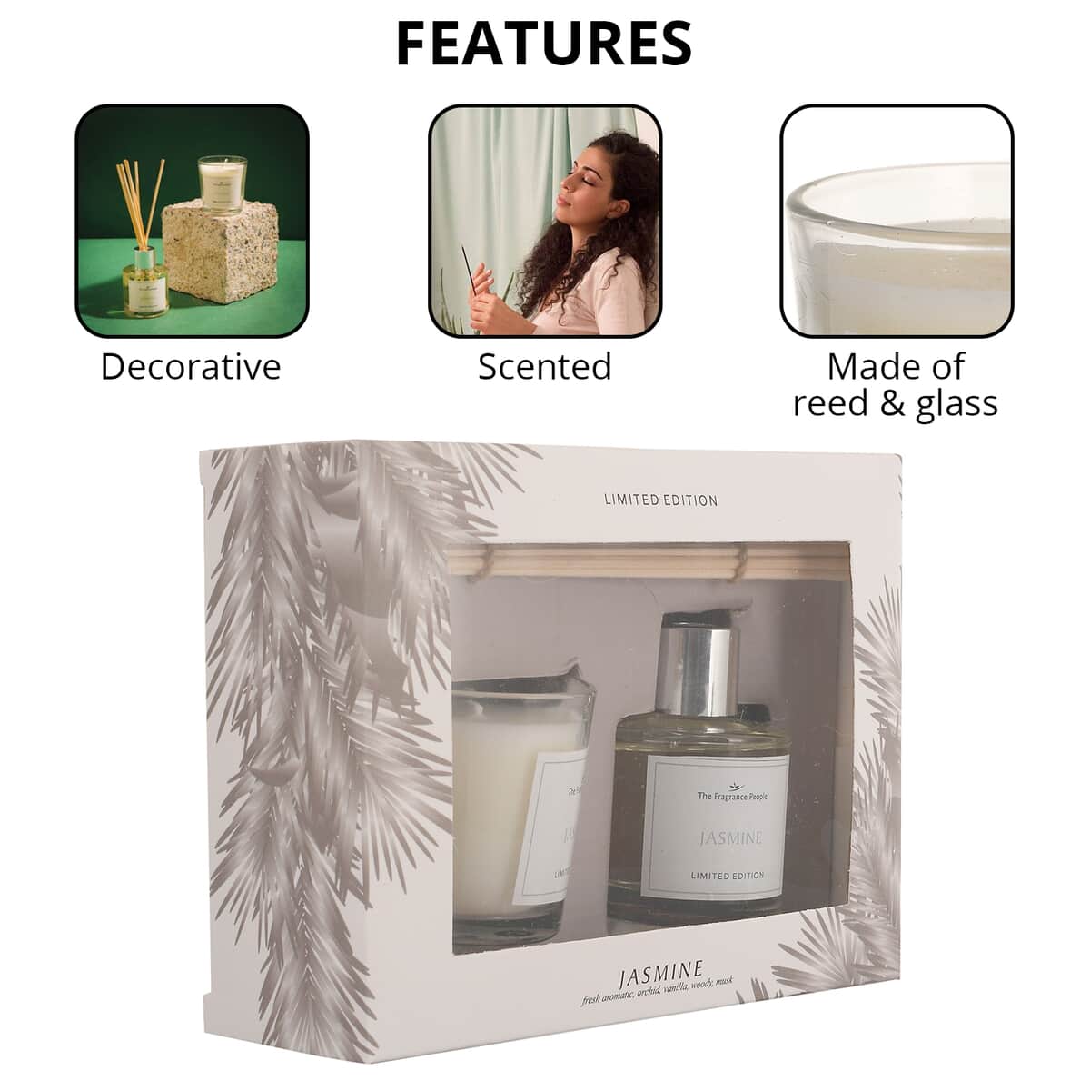 Jasmine- FRAGRANCE GIFT SET BOX - 50 ml Diffuser Oil, 5 Reeds and 1 Votive Candle image number 2