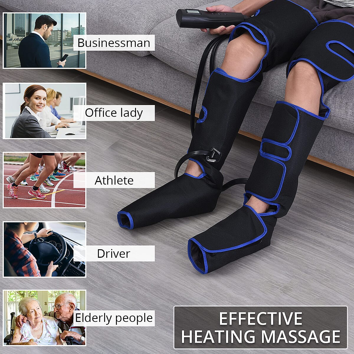 Black Air Compression Foot, Calf and Thigh Massager with Hand-held Controller 3 Modes, 3 Intensities (12V, 2A) image number 1