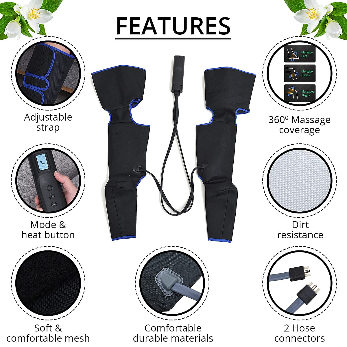 Black Air Compression Foot, Calf and Thigh Massager with Hand-held Controller 3 Modes, 3 Intensities (12V, 2A) image number 2