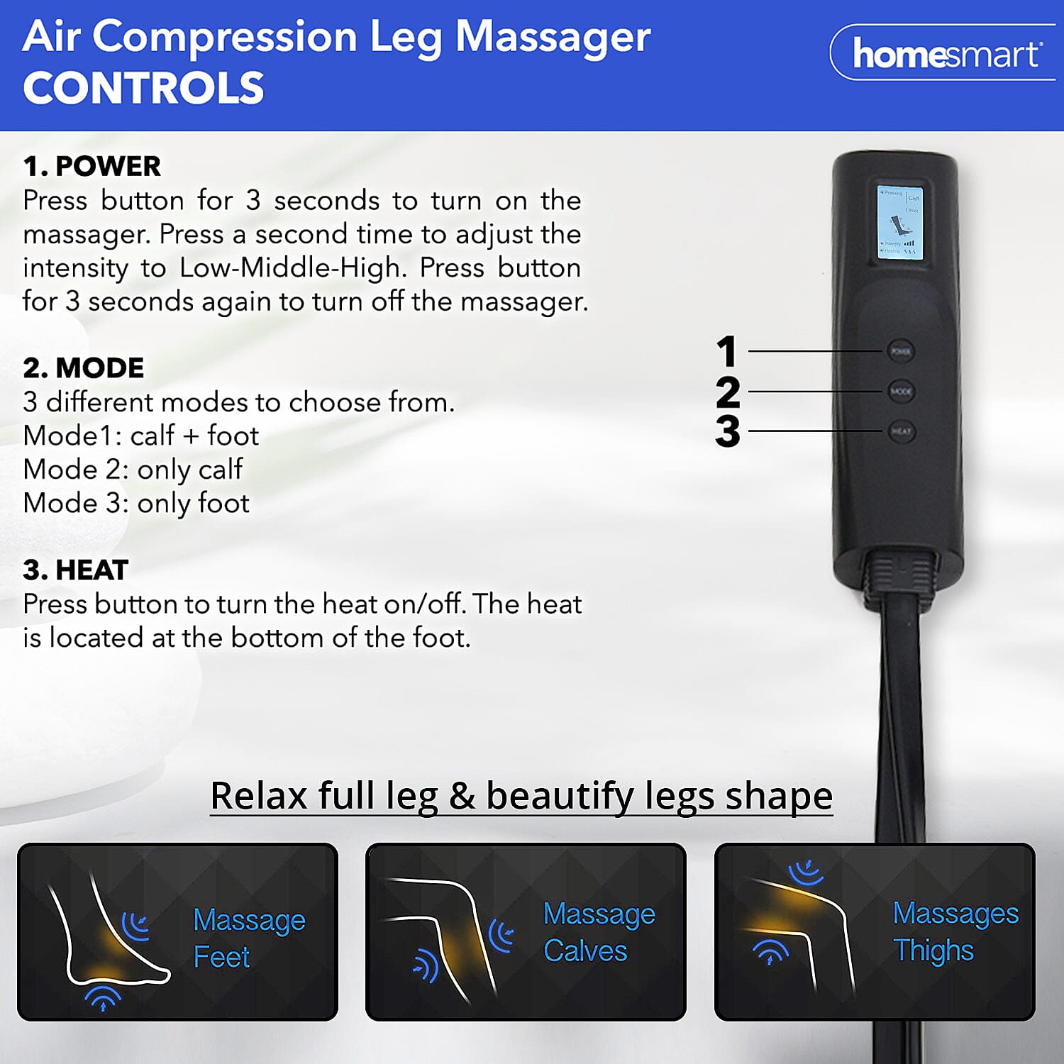 Black Air Compression Foot, Calf and Thigh Massager with Hand-held Controller 3 Modes, 3 Intensities (12V, 2A)