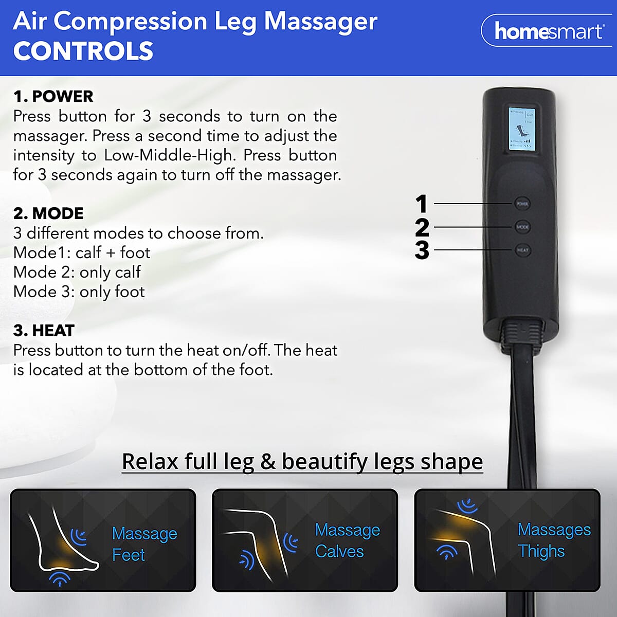 Black Air Compression Foot, Calf and Thigh Massager with Hand-held Controller 3 Modes, 3 Intensities (12V, 2A) image number 3