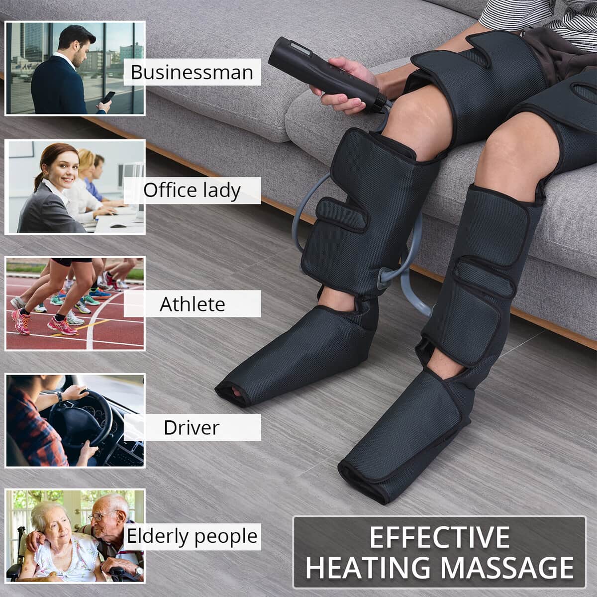 Gray Air Compression Foot, Calf and Thigh Massager with Hand-held Controller 3 Modes, 3 Intensities (12V, 2A) image number 1