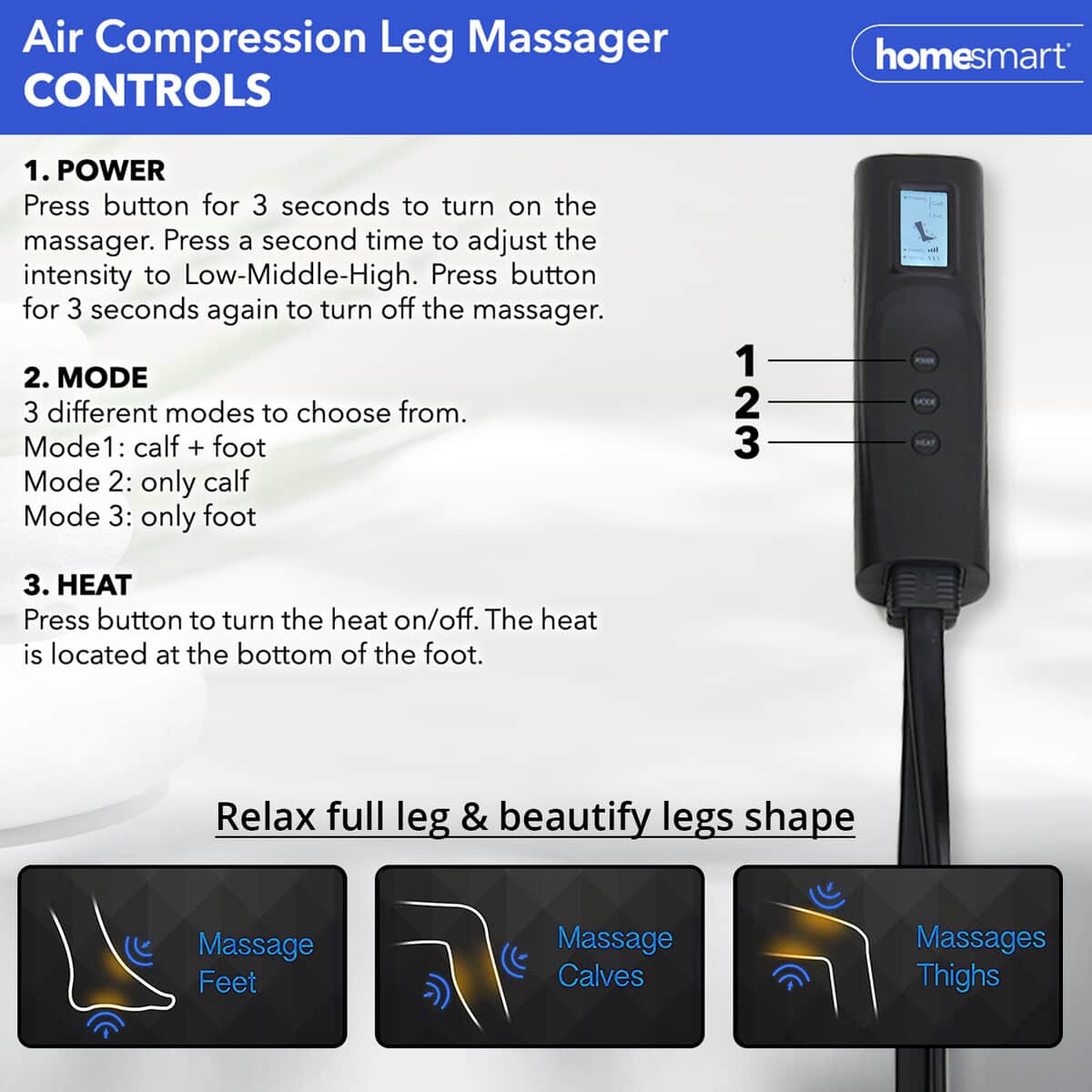 Gray Air Compression Foot, Calf and Thigh Massager with Hand-held Controller 3 Modes, 3 Intensities (12V, 2A) image number 3