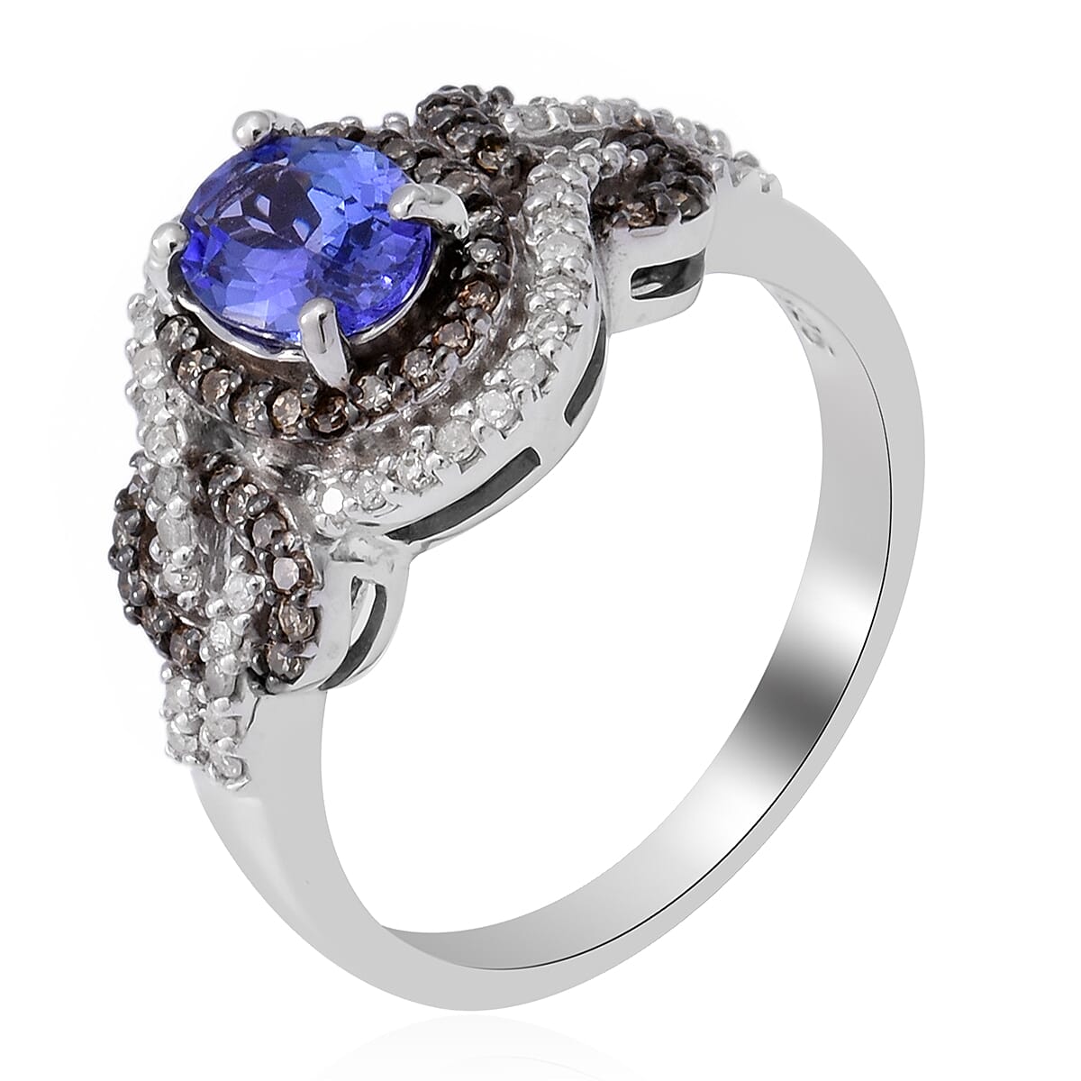 AAA Tanzanite, Natural Champagne and White Diamond Ring in Sterling Silver (Size 7.0) 1.40 ctw image number 2