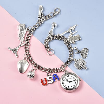 Strada Japanese Movement USA Sports Charm Bracelet Watch (up to 8.5 inches)