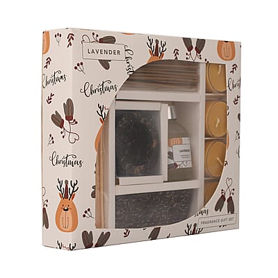 Lavender- FRAGRANCE GIFT SET BOX - Reed Diffuser, 4 Tea Lights & Incense Holder with 20 Sticks