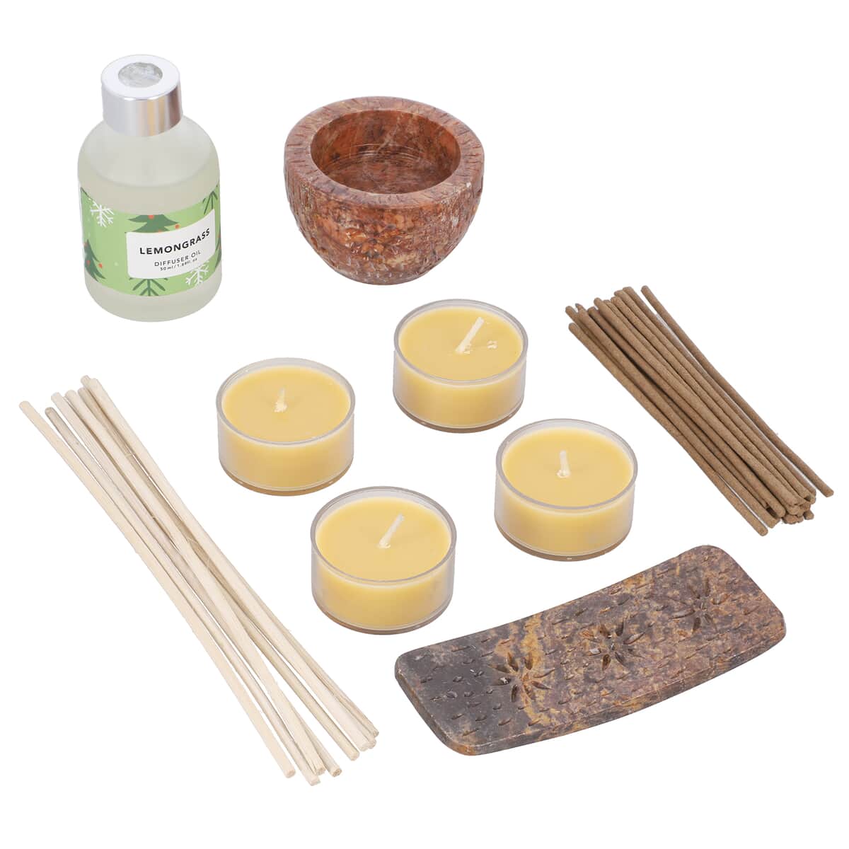 "FRAGRANCE GIFT SET (Reed Diffuser, 4 Tea lights & Incense holder with 20 sticks) Fragrance: Lemon grass" image number 0