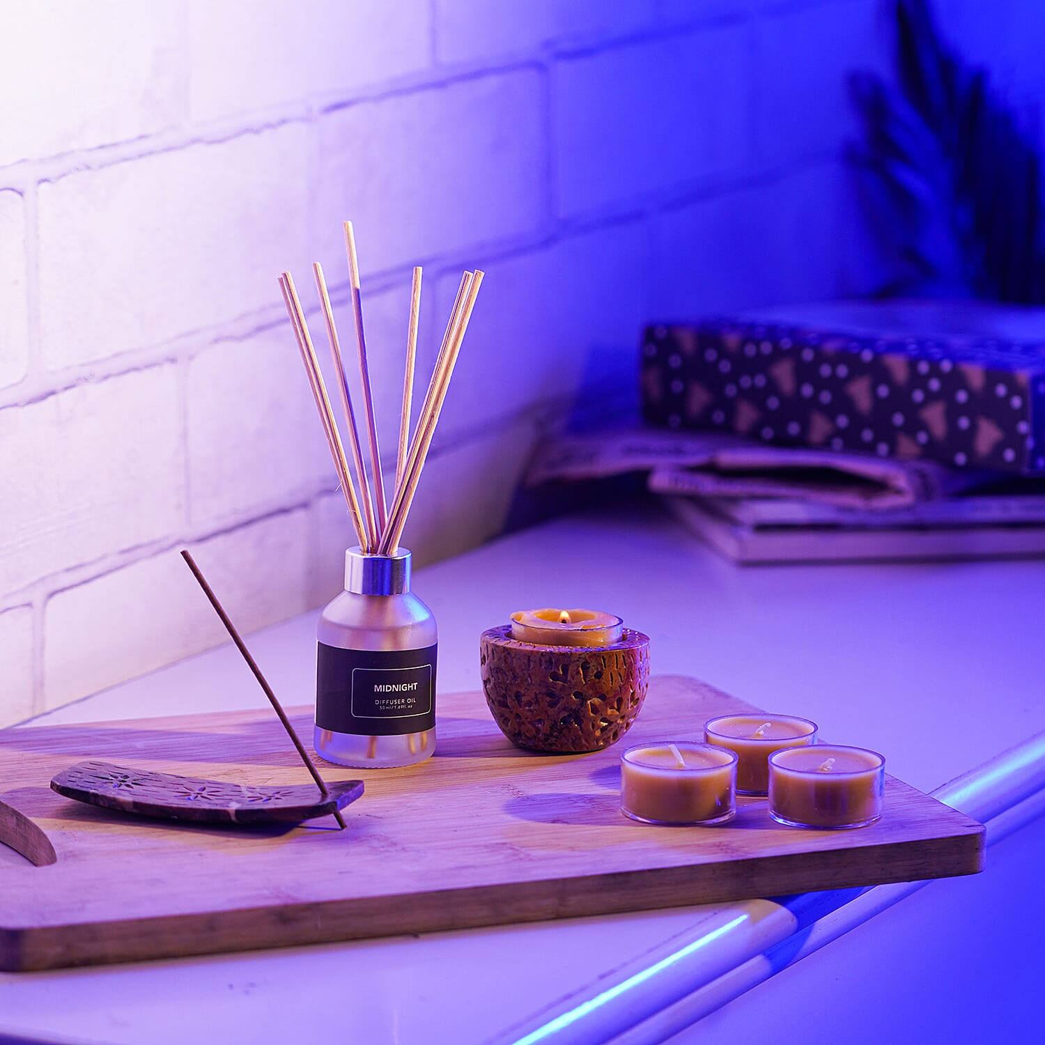 Fragrance Gift Set (Reed Diffuser, 4 Tea Lights & Incense Holder with 20 Sticks) Fragrance - Midnight Jasmine