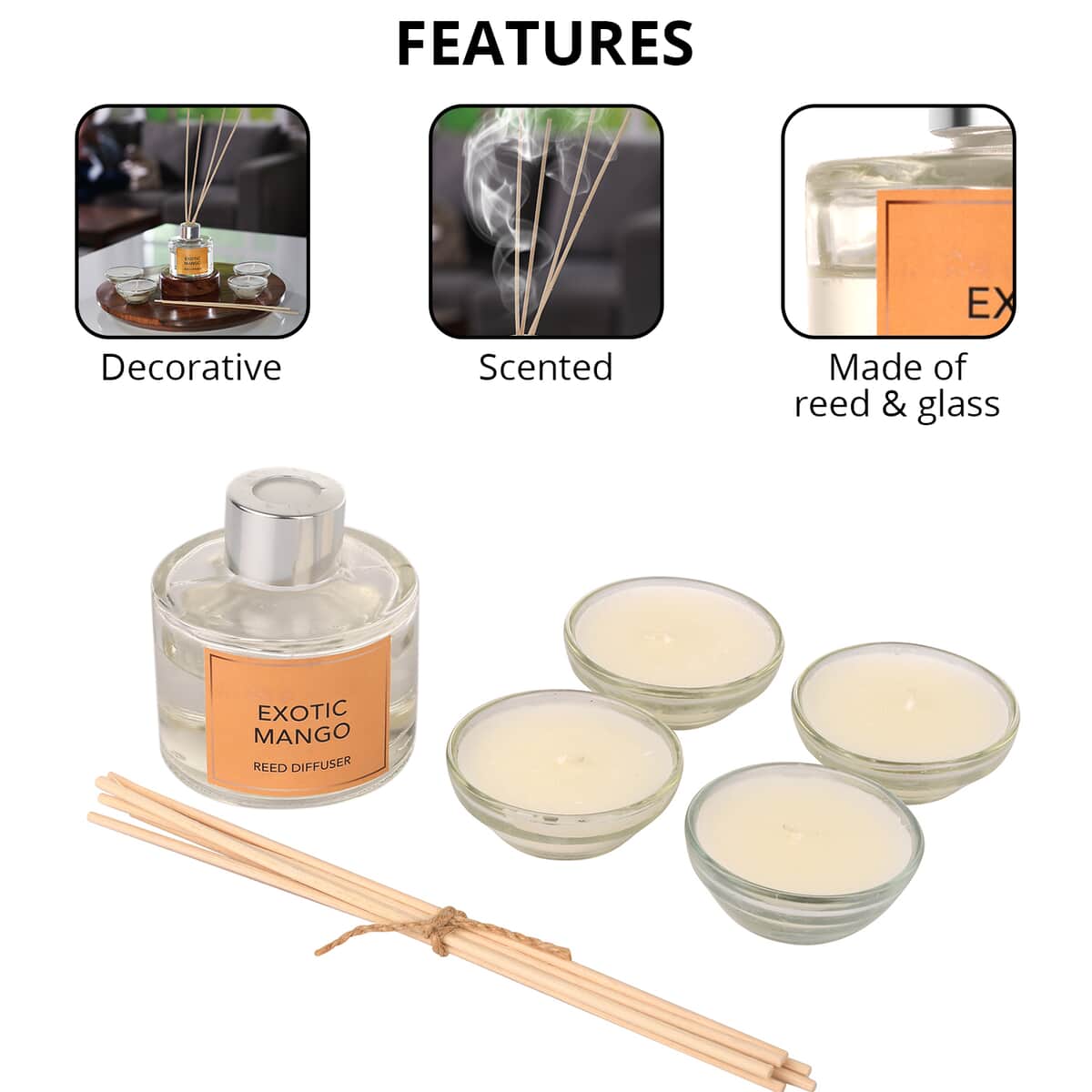 Exotic Mango - Fragrance Gift Set - Reed Diffuser 80ML with 4 Glass Candles image number 2