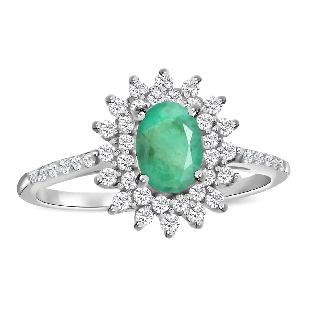AAA Kagem Zambian Emerald, Natural White Zircon Sunburst Engagement Ring in Platinum Over Sterling Silver, Halo Ring For Women, Promise Rings 1.60 ctw (Size 10.0) image number 0