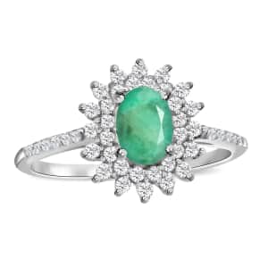 AAA Kagem Zambian Emerald, Natural White Zircon Sunburst Engagement Ring in Platinum Over Sterling Silver, Halo Ring For Women, Promise Rings 1.60 ctw