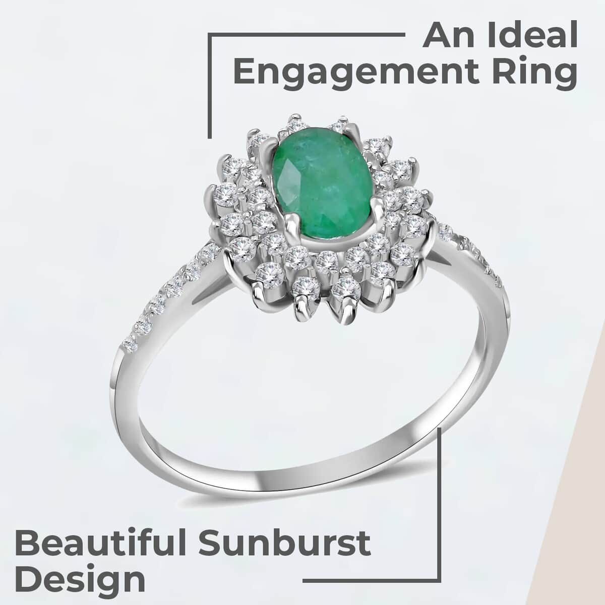 AAA Kagem Zambian Emerald, Natural White Zircon Sunburst Engagement Ring in Platinum Over Sterling Silver, Halo Ring For Women, Promise Rings 1.60 ctw (Size 10.0) image number 1