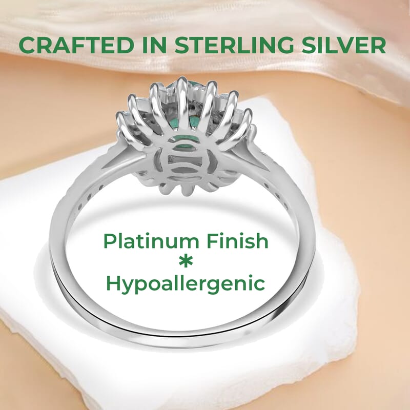 AAA Kagem Zambian Emerald, Natural White Zircon Sunburst Engagement Ring in Platinum Over Sterling Silver, Halo Ring For Women, Promise Rings 1.60 ctw