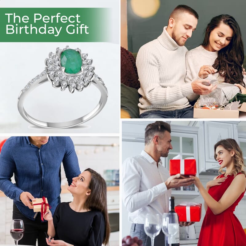 AAA Kagem Zambian Emerald, Natural White Zircon Sunburst Engagement Ring in Platinum Over Sterling Silver, Halo Ring For Women, Promise Rings 1.60 ctw