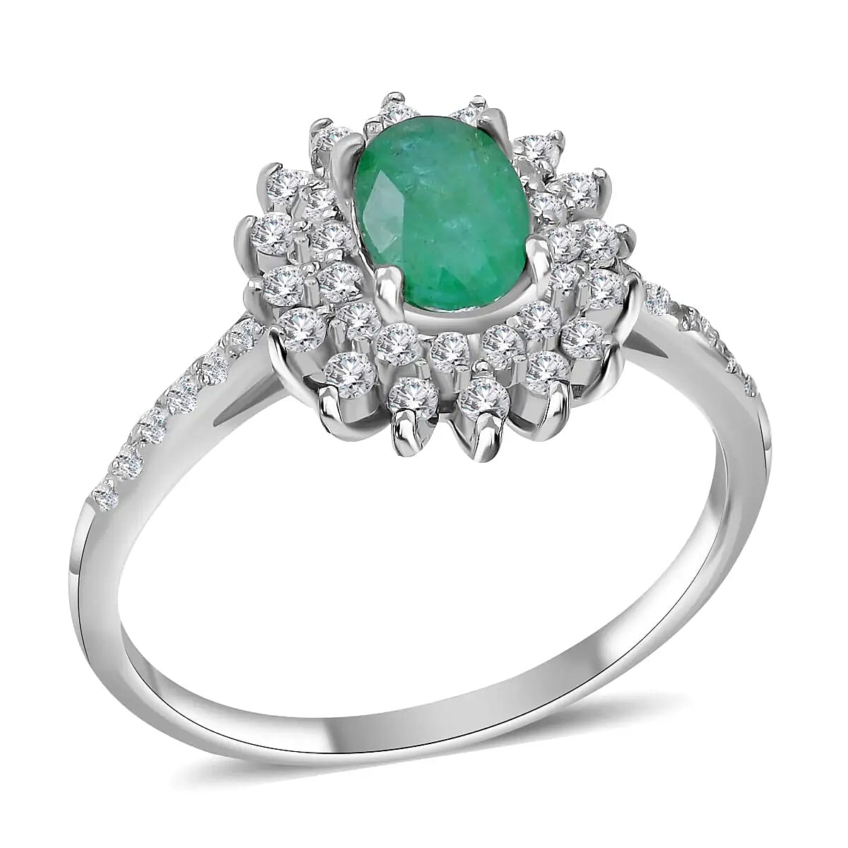 AAA Kagem Zambian Emerald, Natural White Zircon Sunburst Engagement Ring in Platinum Over Sterling Silver, Halo Ring For Women, Promise Rings 1.60 ctw