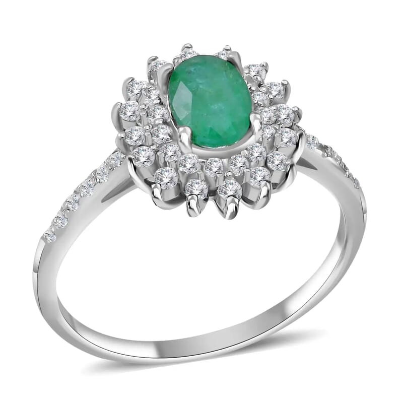 AAA Kagem Zambian Emerald, Natural White Zircon Sunburst Engagement Ring in Platinum Over Sterling Silver, Halo Ring For Women, Promise Rings 1.60 ctw