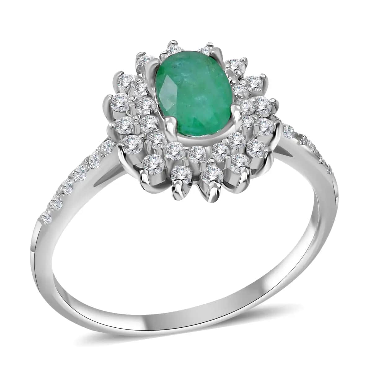 AAA Kagem Zambian Emerald, Natural White Zircon Sunburst Engagement Ring in Platinum Over Sterling Silver, Halo Ring For Women, Promise Rings 1.60 ctw (Size 10.0) image number 5