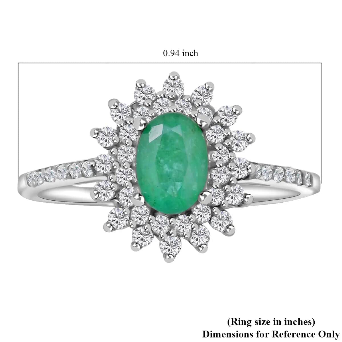AAA Kagem Zambian Emerald, Natural White Zircon Sunburst Engagement Ring in Platinum Over Sterling Silver, Halo Ring For Women, Promise Rings 1.60 ctw image number 6