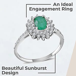 AAA Kagem Zambian Emerald, Natural White Zircon Sunburst Engagement Ring in Platinum Over Sterling Silver, Halo Ring For Women, Promise Rings 1.60 ctw