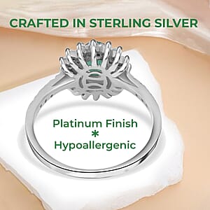 AAA Kagem Zambian Emerald, Natural White Zircon Sunburst Engagement Ring in Platinum Over Sterling Silver, Halo Ring For Women, Promise Rings 1.60 ctw