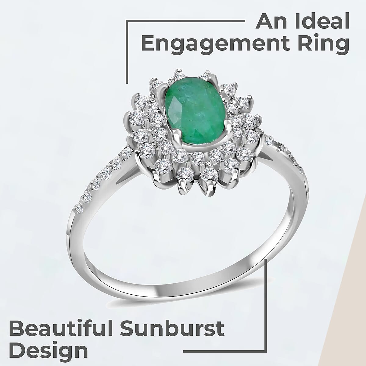 AAA Kagem Zambian Emerald, White Zircon Sunburst Engagement Ring in Platinum Over Sterling Silver, Halo Ring For Women (Size 8.0) 1.60 ctw image number 1