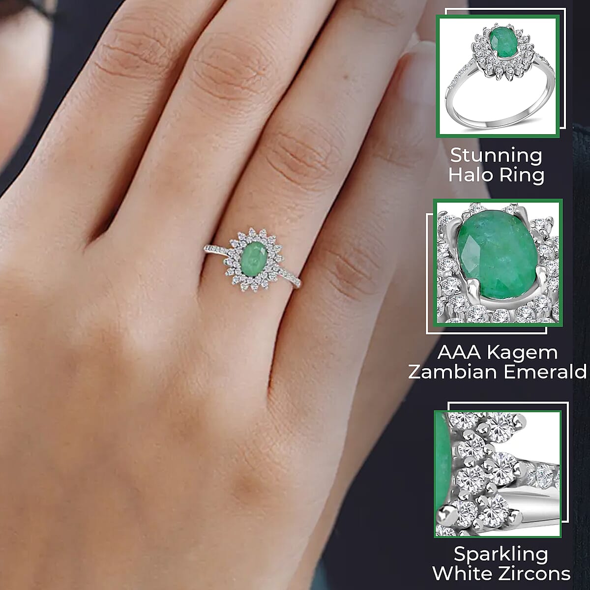 AAA Kagem Zambian Emerald, White Zircon Sunburst Engagement Ring in Platinum Over Sterling Silver, Halo Ring For Women (Size 8.0) 1.60 ctw image number 2