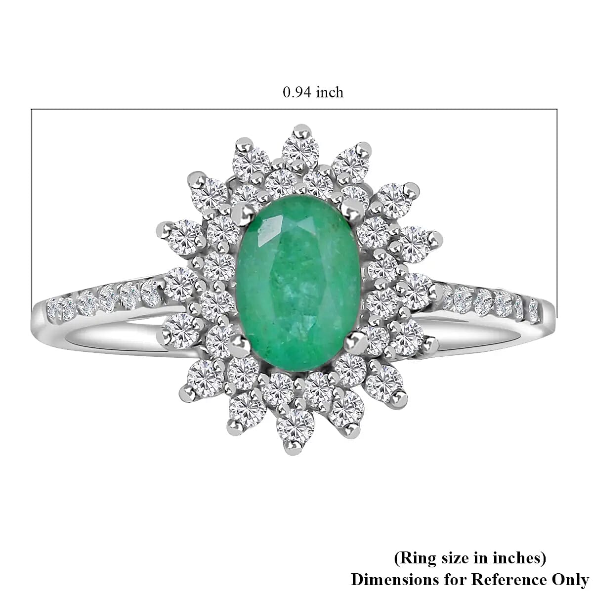 AAA Kagem Zambian Emerald, White Zircon Sunburst Engagement Ring in Platinum Over Sterling Silver, Halo Ring For Women (Size 8.0) 1.60 ctw image number 6