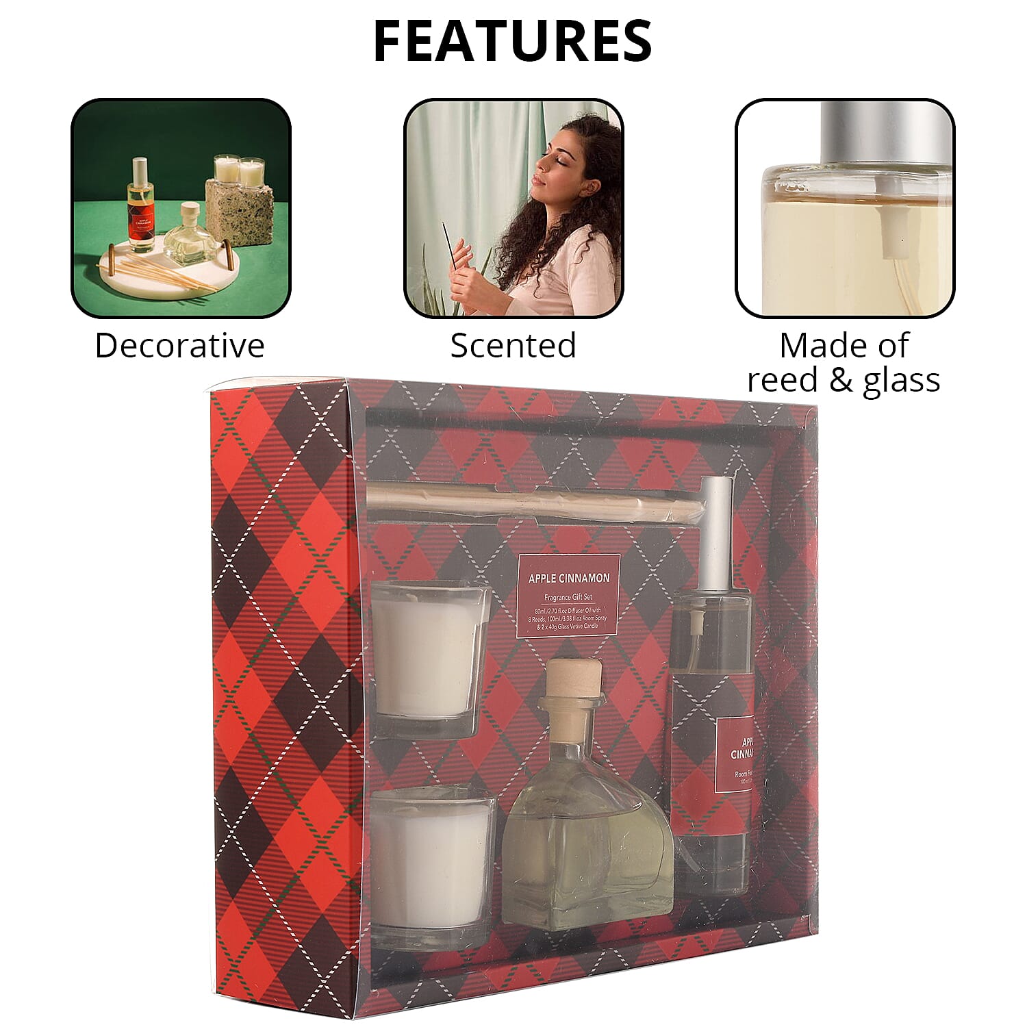 Fragrance Gift Set (Reed Diffuser, Room Spray & 2 Glass Votive) FRAGRANCE - Apple Cinnamon