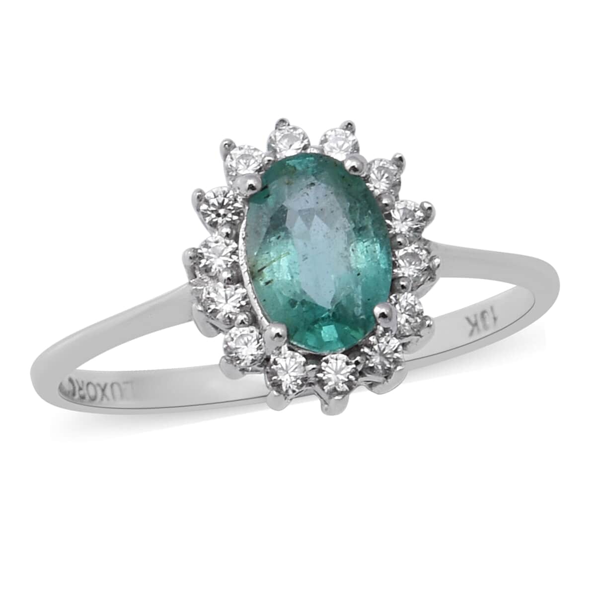 LUXORO 10K White Gold AAA Kagem Zambian Emerald, Natural White Zircon Floral Ring (Size 10.0) 1.00 ctw image number 0