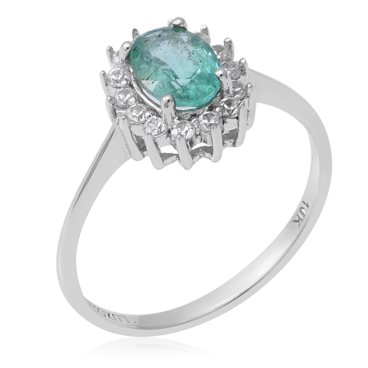 LUXORO 10K White Gold AAA Kagem Zambian Emerald, Natural White Zircon Floral Ring (Size 10.0) 1.00 ctw image number 2