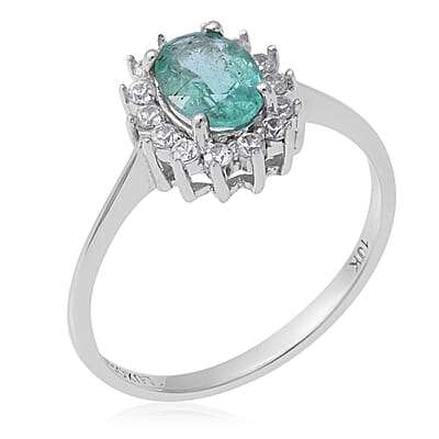 Luxoro 10K White Gold AAA Kagem Zambian Emerald and White Zircon Sunburst Ring (Size 10.0) 1.00 ctw