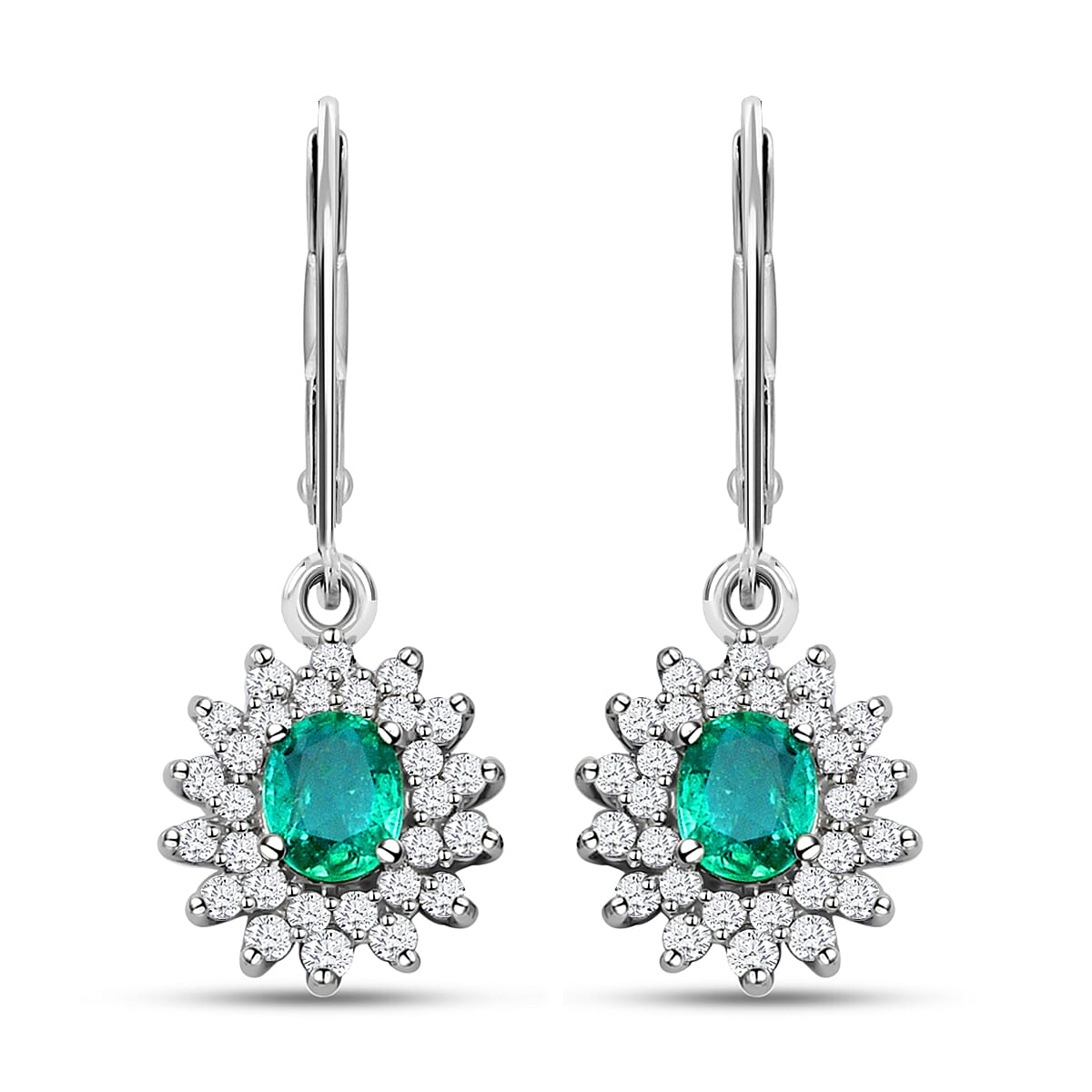 AAA Kagem Zambian Emerald and Natural White Zircon Sunburst Lever Back Earrings in Platinum Over Sterling Silver 1.50 ctw
