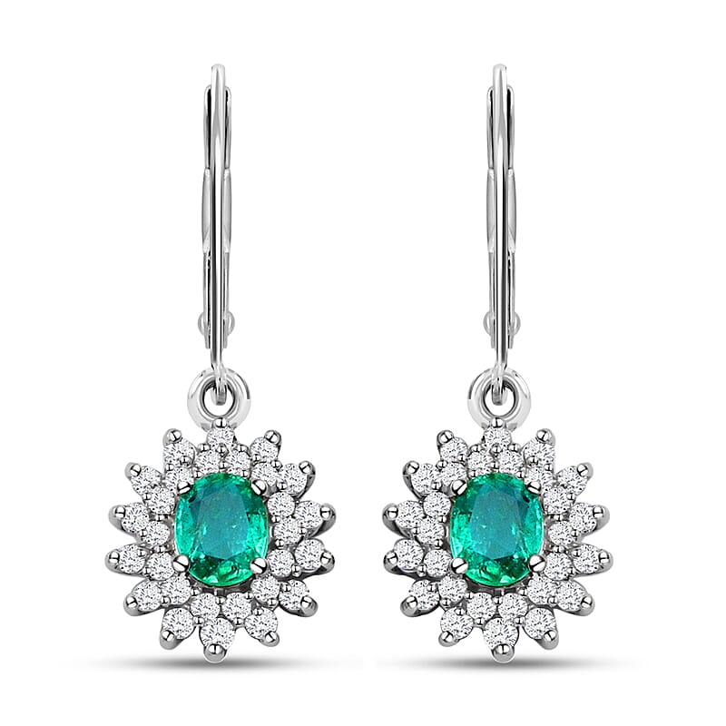 AAA Kagem Zambian Emerald and Natural White Zircon Sunburst Lever Back Earrings in Platinum Over Sterling Silver 1.50 ctw