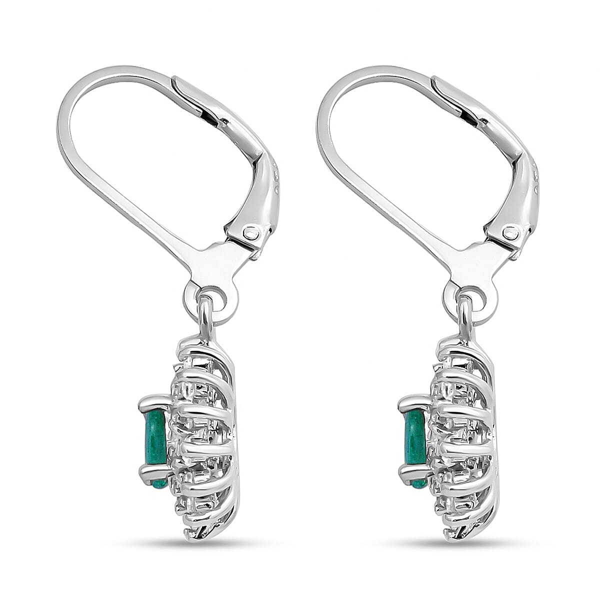 AAA Kagem Zambian Emerald and Natural White Zircon Sunburst Lever Back Earrings in Platinum Over Sterling Silver 1.50 ctw