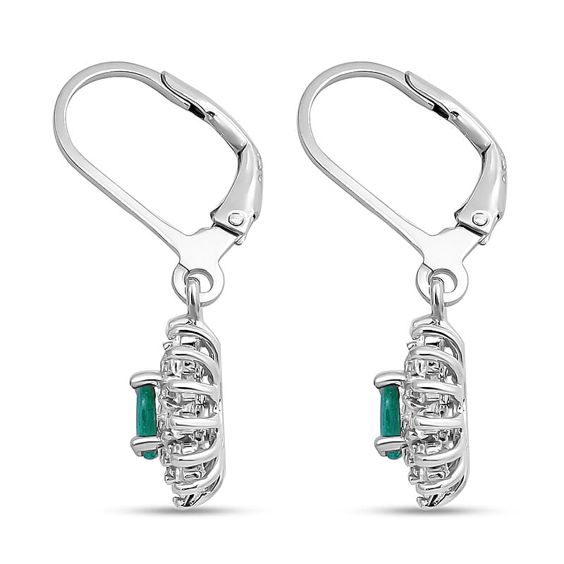 AAA Kagem Zambian Emerald and Natural White Zircon Sunburst Lever Back Earrings in Platinum Over Sterling Silver 1.50 ctw