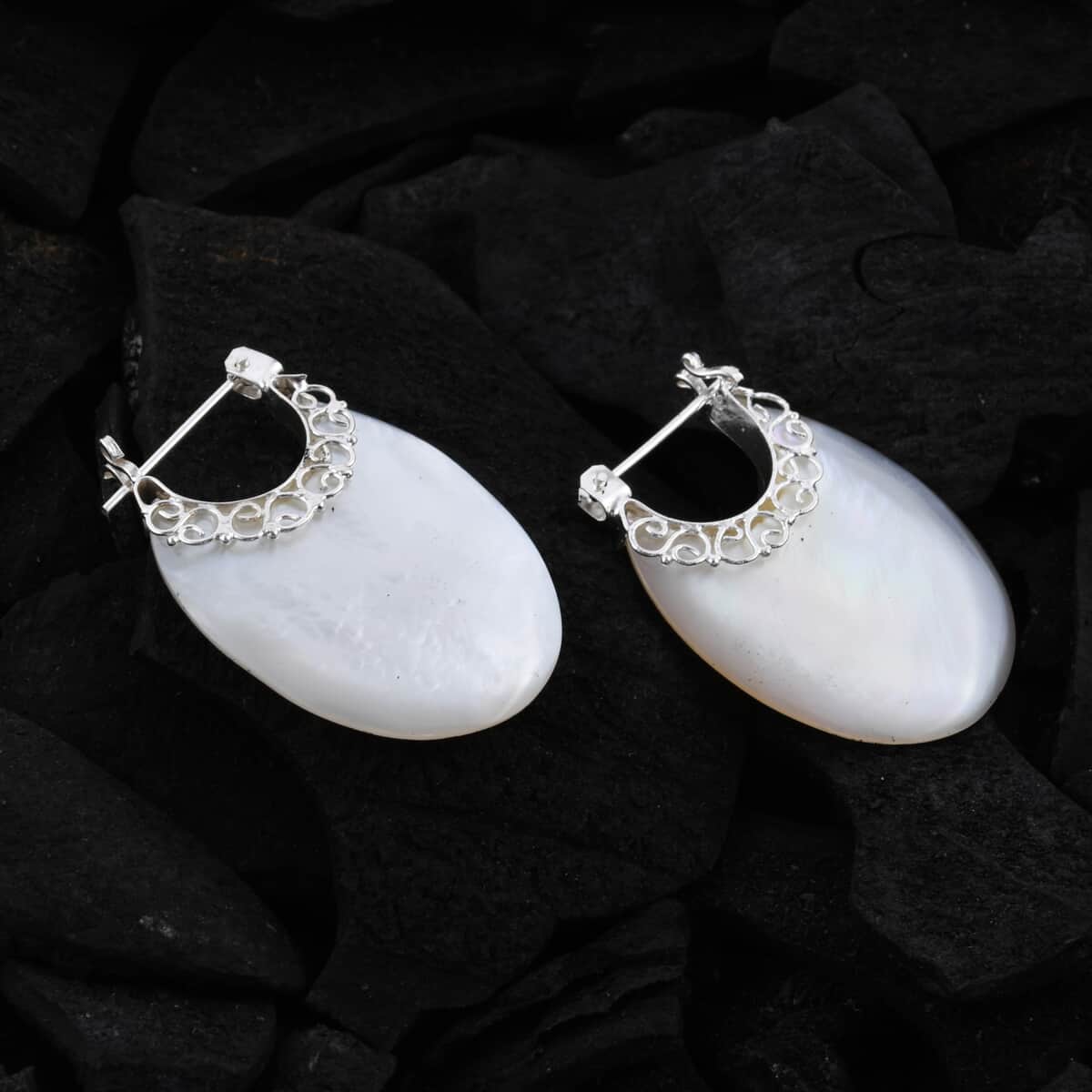 Mother Of Pearl Hoop Earrings in Sterling Silver image number 1