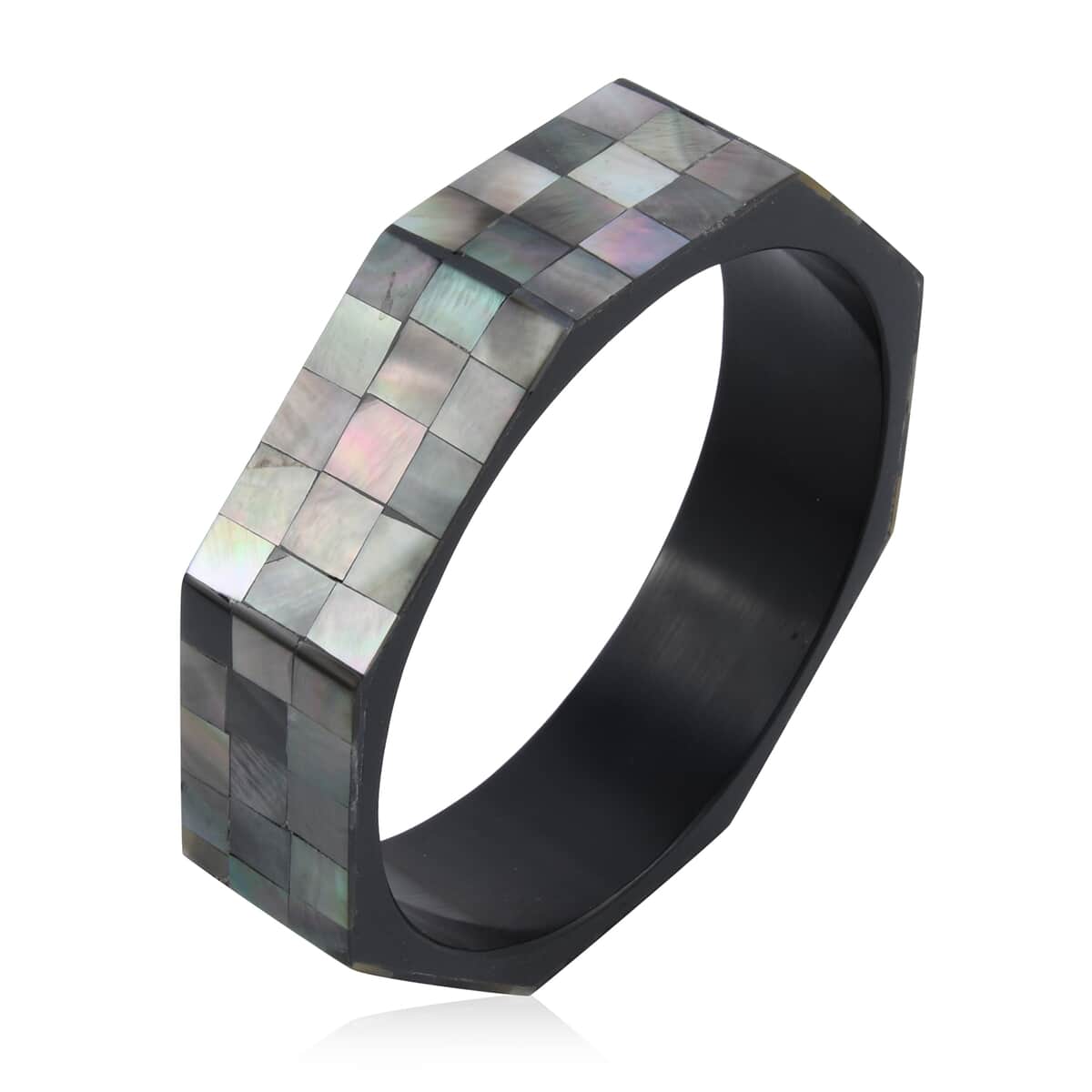 Octagon Black Mother of Pearl Inlay Bangle Bracelet With Black Inner Resin (7.50 In) image number 0