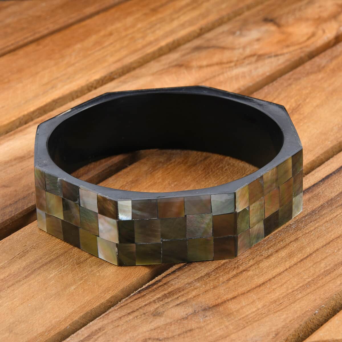 Octagon Black Mother of Pearl Inlay Bangle Bracelet With Black Inner Resin (7.50 In) image number 1